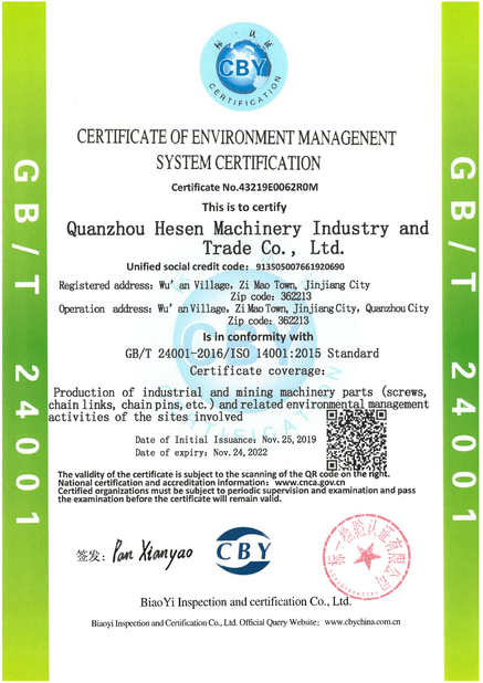 Κίνα Quanzhou Hesen Machinery Industry Co., Ltd. Πιστοποιήσεις